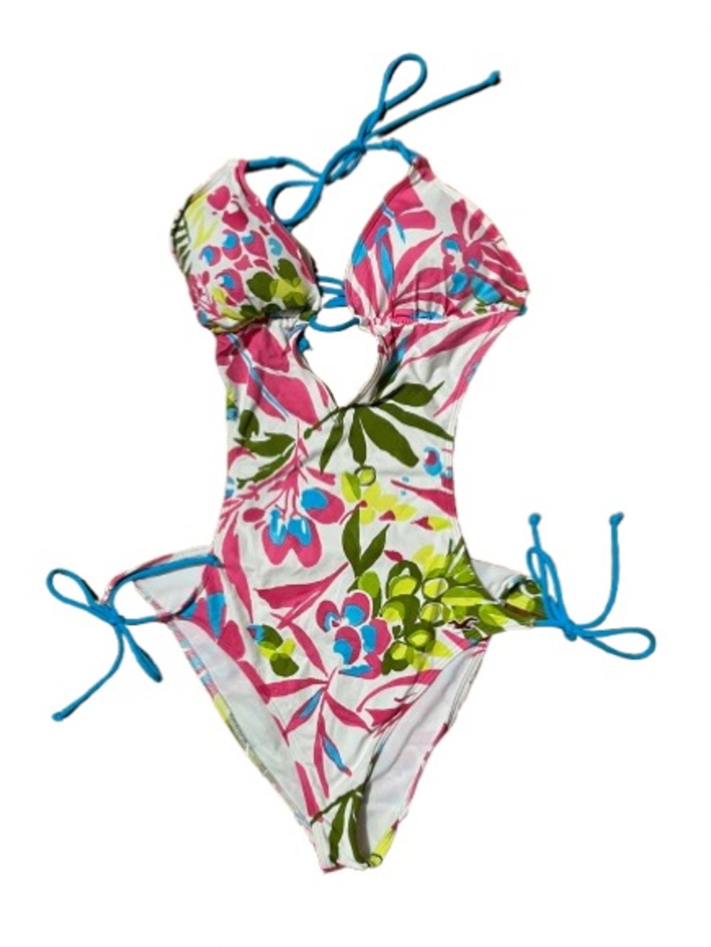 Hollister' White Pink Floral One-Piece Swim with Blue Ties Size Large